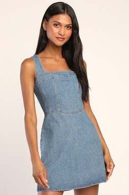 Medium Wash Denim Dress - Corset Dress - Denim Mini Dress - ,